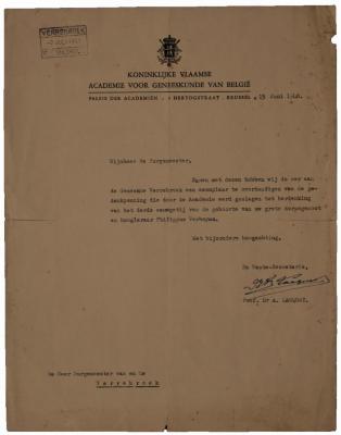 Brief van professor Lacquet van de KVAGB aan burgemeester Arthur Laureys van Verrebroek. 13 juni 1948