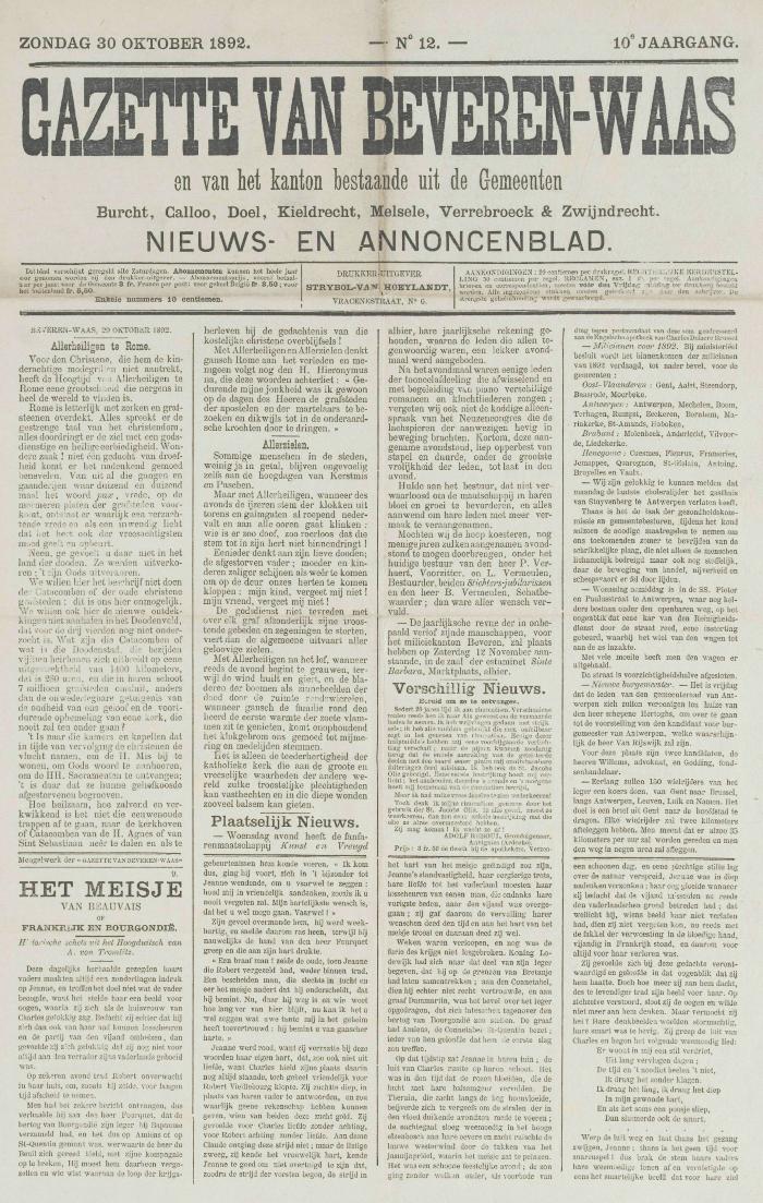 Gazette van Beveren-Waas 30/10/1892