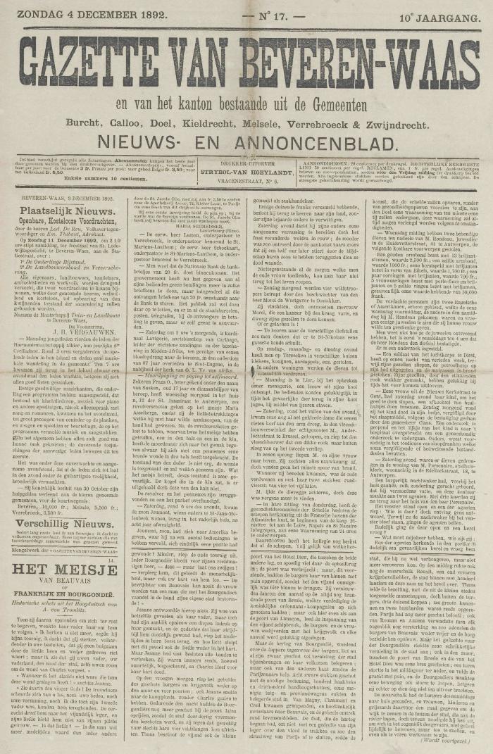 Gazette van Beveren-Waas 04/12/1892