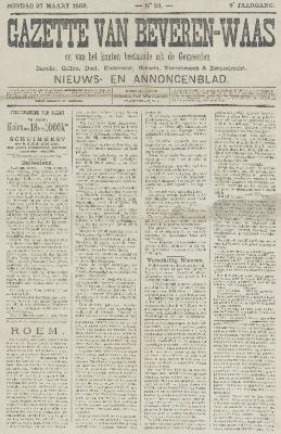 Gazette van Beveren-Waas 27/03/1892