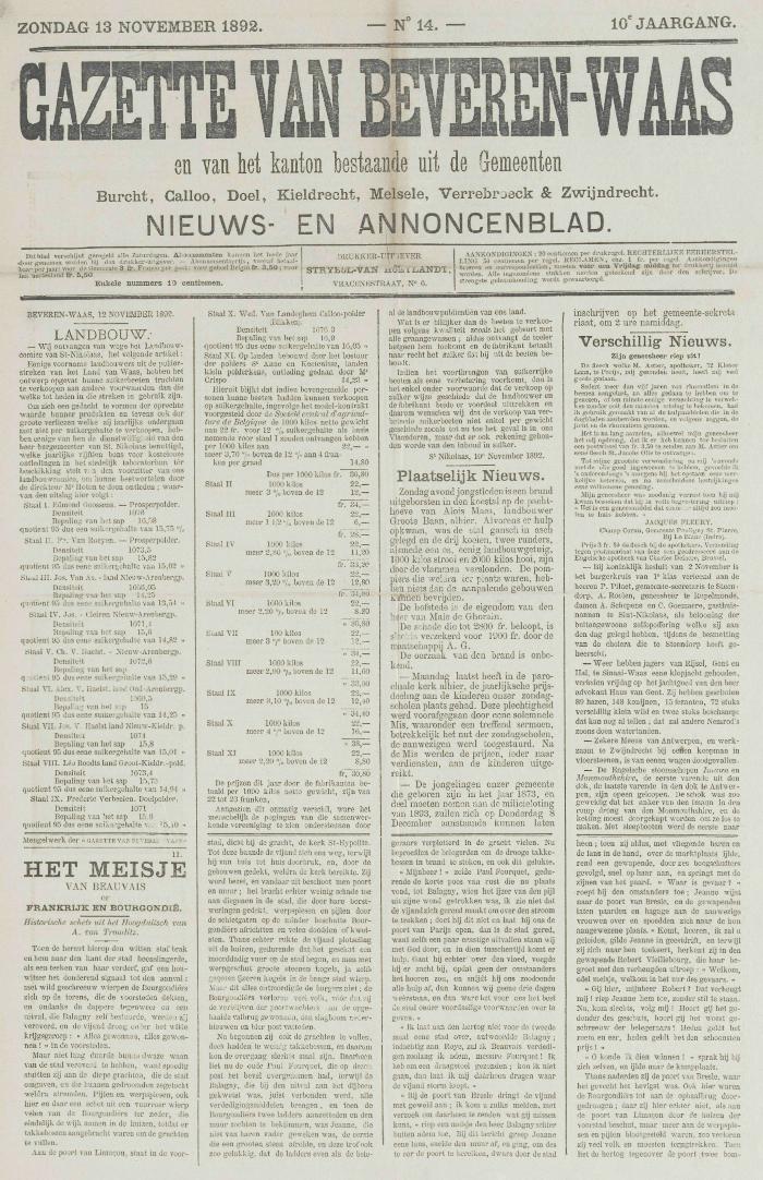 Gazette van Beveren-Waas 13/11/1892