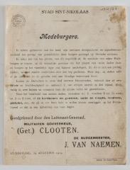 1914-Oproep van Burgemeester J. Van Naemen Sint-Niklaas
