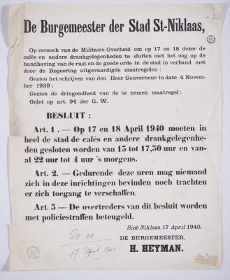Op 17 en 18 april 1940 sluiting drankgelegenheden  (Belgische Mobilisatie) 
